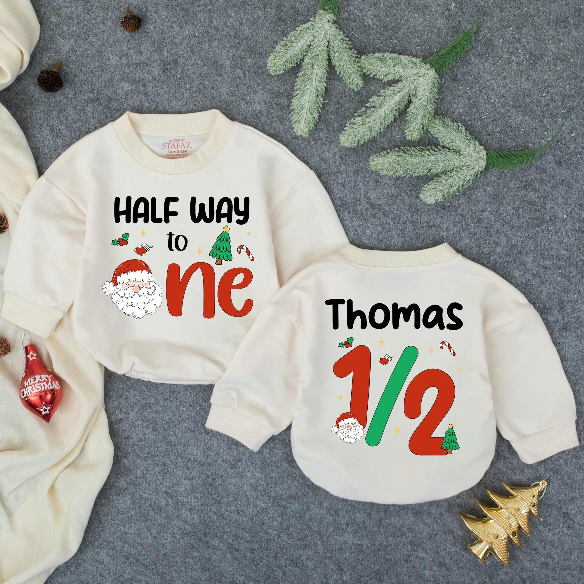 Custom Half Way to One Romper with Santa and Holiday Motifs, Personalized Baby 6-Month Outfit, Soft Cotton Long Sleeve for Boys or Girls