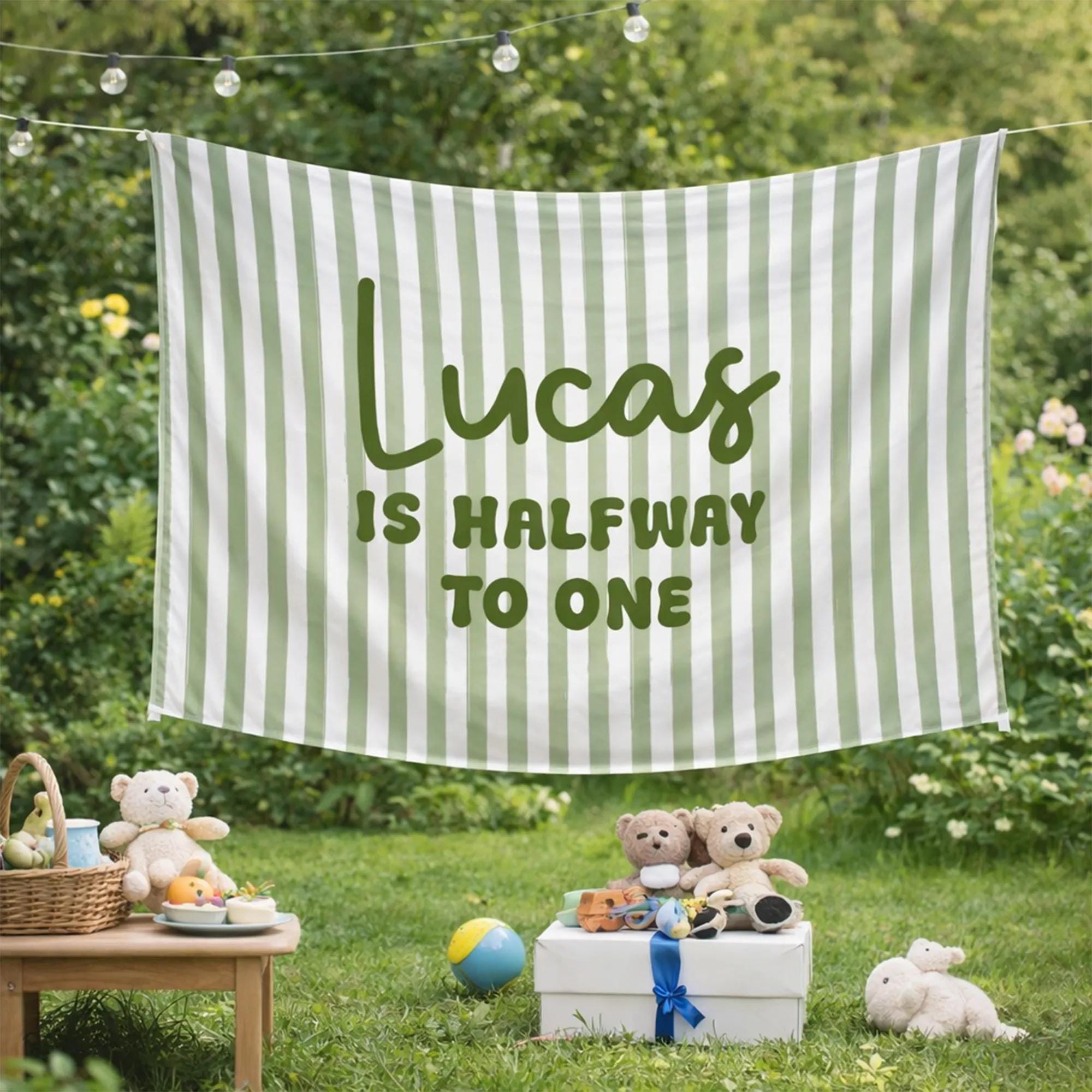 Custom Halfway to One Baby Banner Sage Green Striped Design Personalized Name Party Backdrop Milestone 6 Month Birthday Decoration