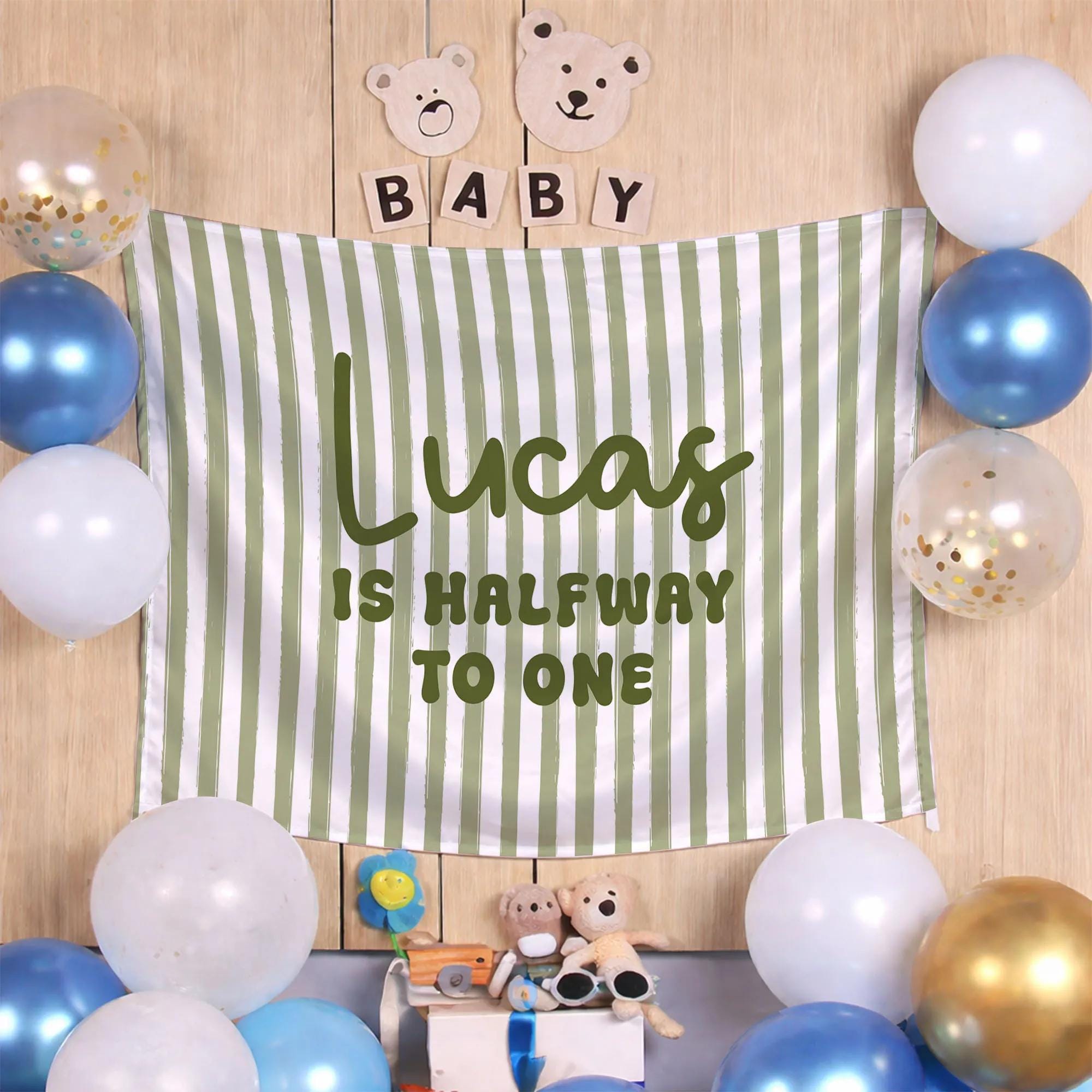 Custom Halfway to One Baby Banner Sage Green Striped Design Personalized Name Party Backdrop Milestone 6 Month Birthday Decoration