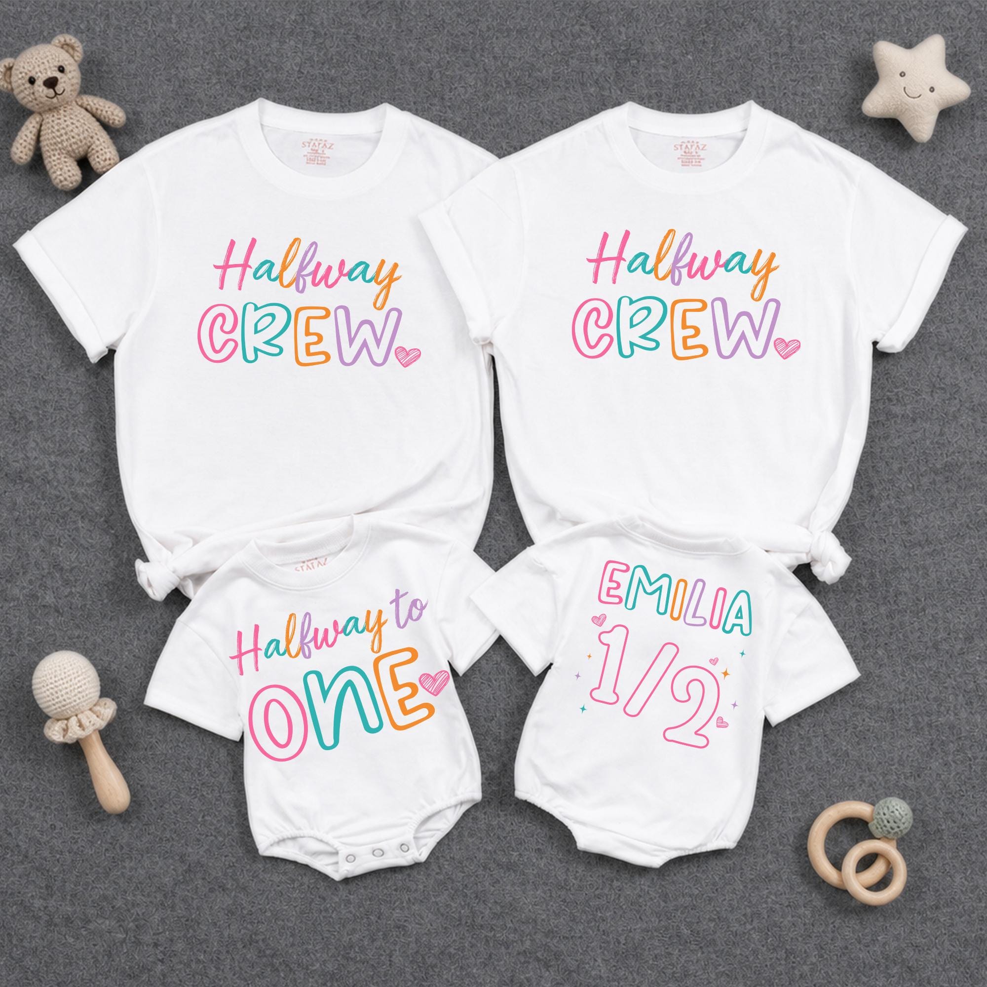 Custom Halfway to One Baby Romper & Matching Family Shirts, Half Birthday Outfit for Baby Girl, Personalized Soft Cotton Crew Tee Set