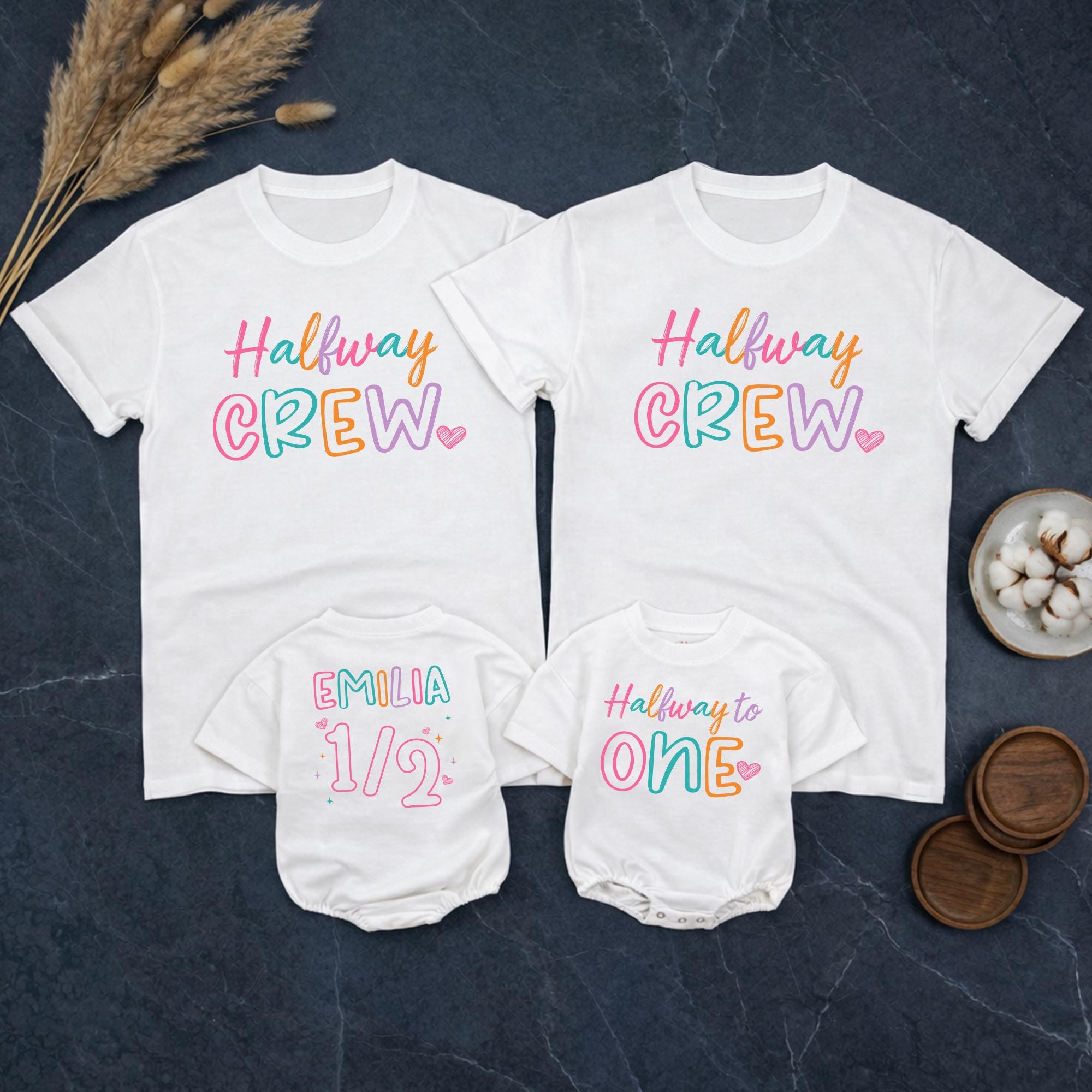 Custom Halfway to One Baby Romper & Matching Family Shirts, Half Birthday Outfit for Baby Girl, Personalized Soft Cotton Crew Tee Set
