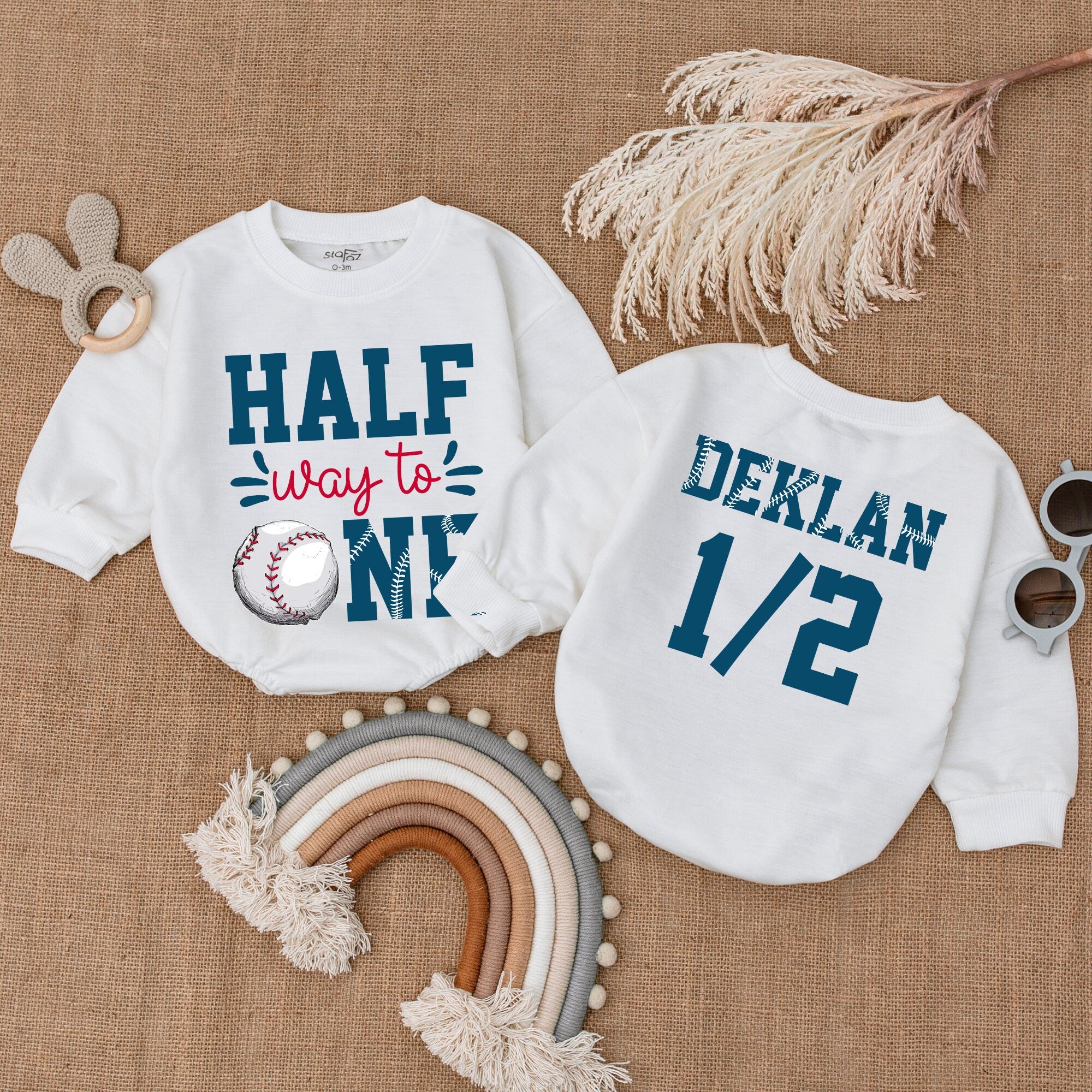 Custom Halfway to One Baseball Romper Personalized Baby Outfit Fun Sporty Six Month Birthday Celebration Soft Cotton Infant Clothes