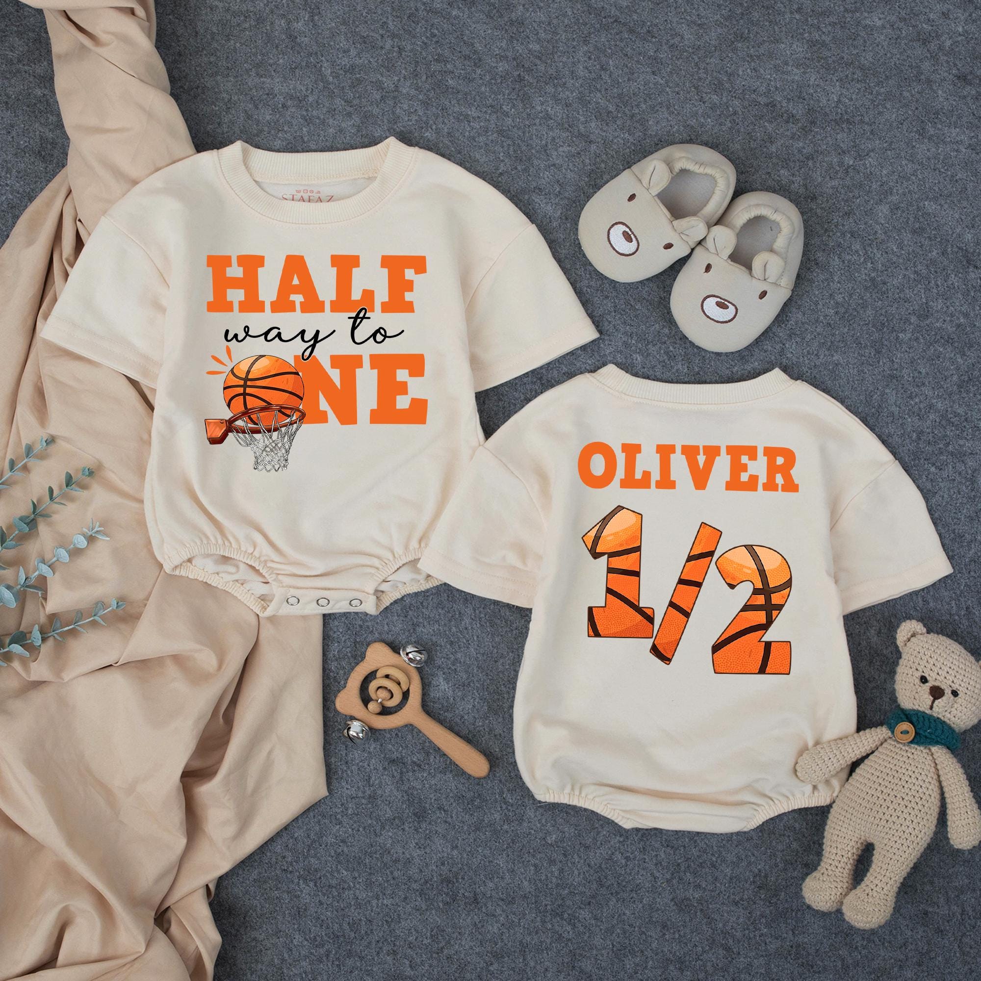 Custom Halfway to One Basketball Baby Romper with Name, Soft Cotton Long or Short Sleeve Outfit for 6-Month Birthday or Milestone Photos