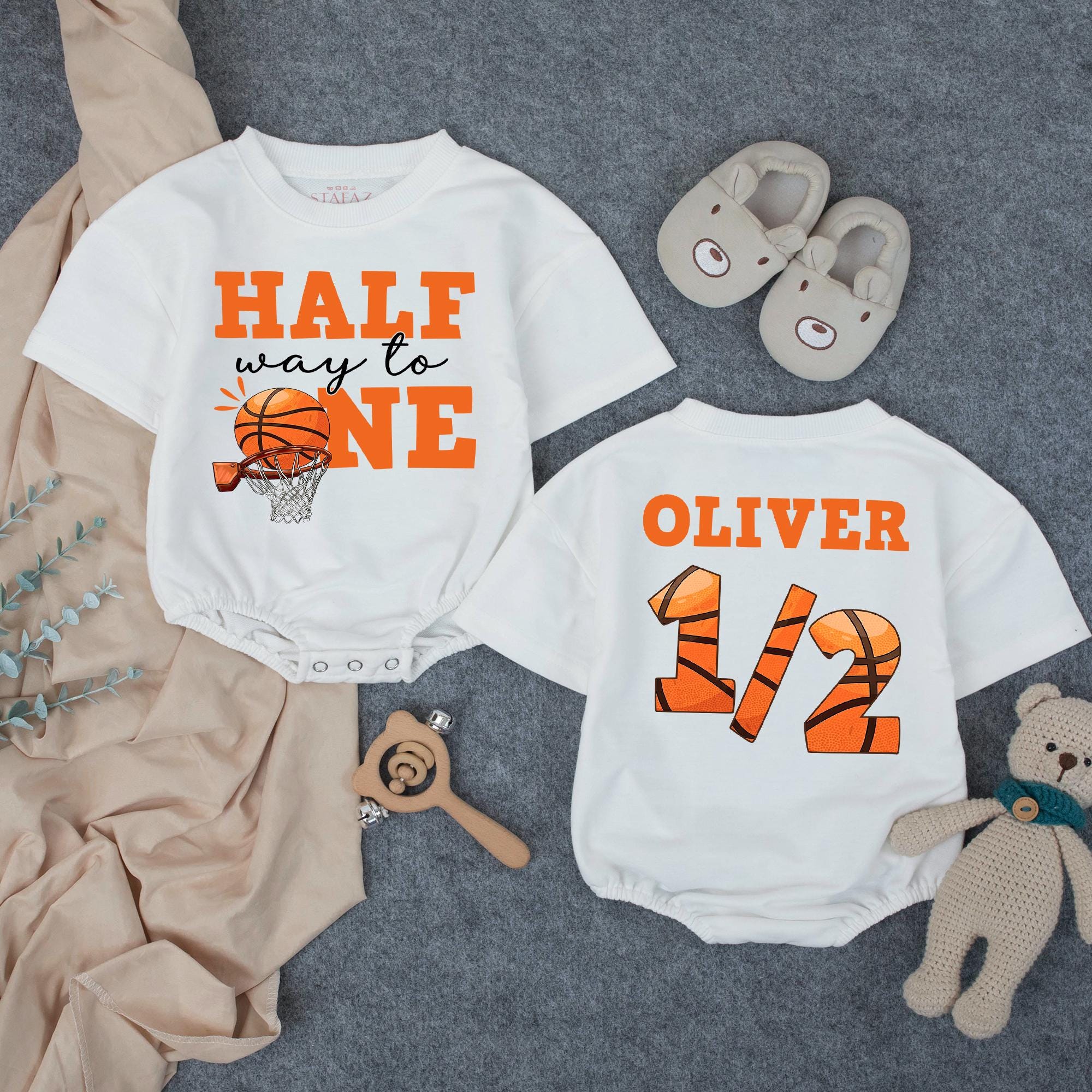 Custom Halfway to One Basketball Baby Romper with Name, Soft Cotton Long or Short Sleeve Outfit for 6-Month Birthday or Milestone Photos