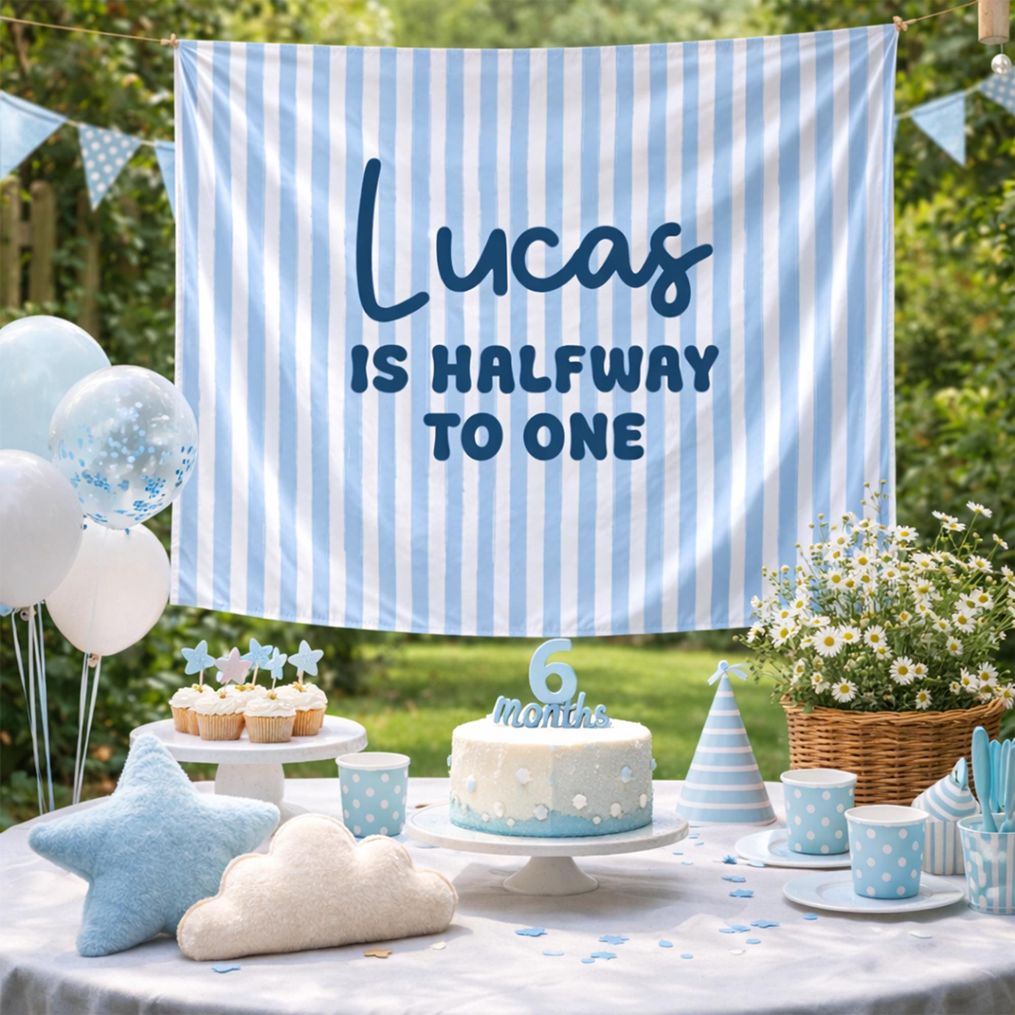 Custom Halfway to One Silk Banner Baby Boy Half Birthday Backdrop Light Blue Striped Design with Name Lucas Cheerful Party Decor Gift