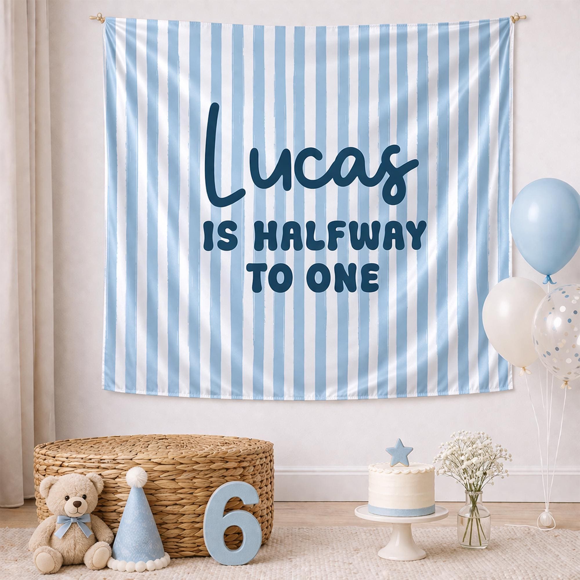 Custom Halfway to One Silk Banner Baby Boy Half Birthday Backdrop Light Blue Striped Design with Name Lucas Cheerful Party Decor Gift