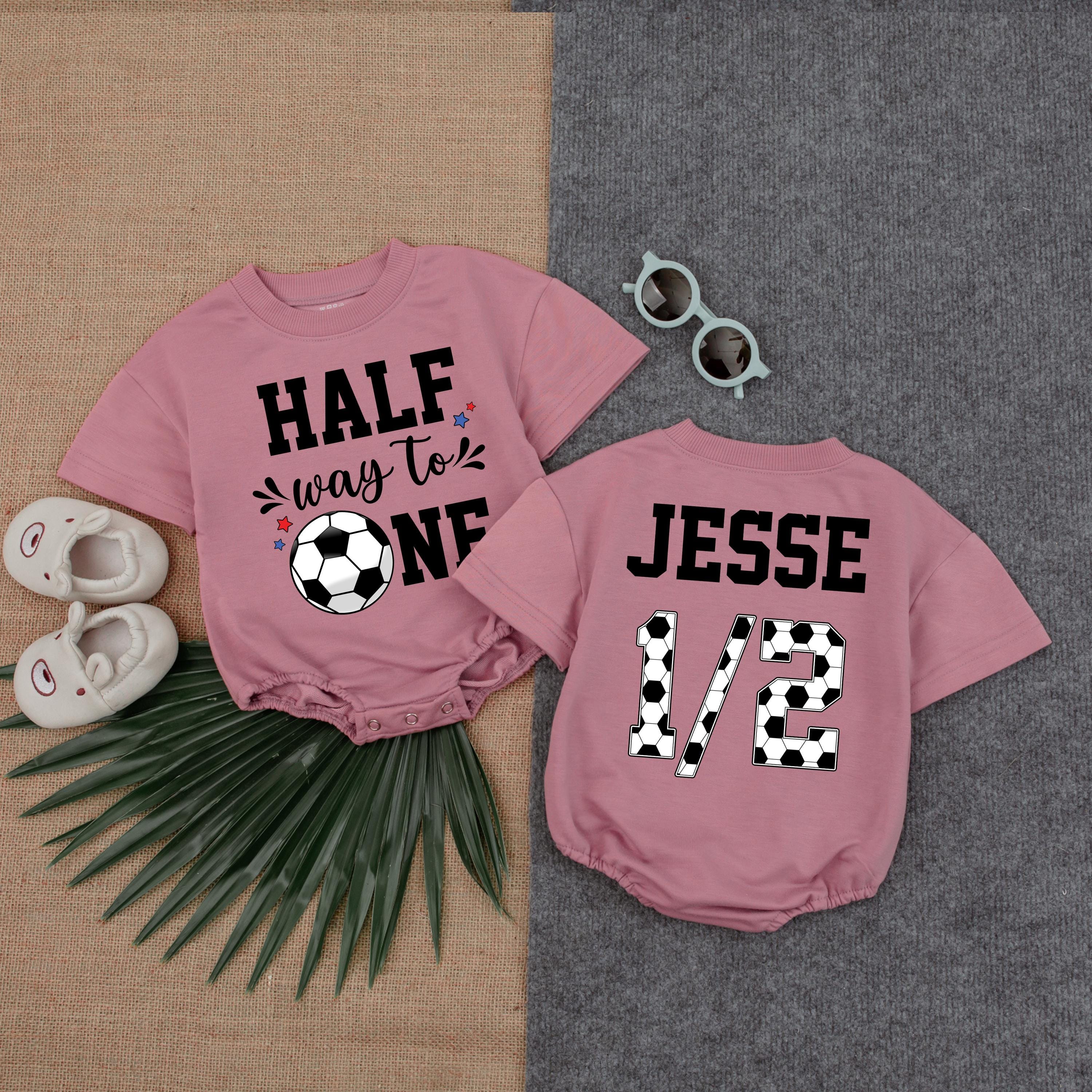 Custom Halfway to One Soccer Romper Baby Birthday Outfit Jesse 1/2 Celebration Soft Cotton Playful Design Red Blue Stars Infant Gift