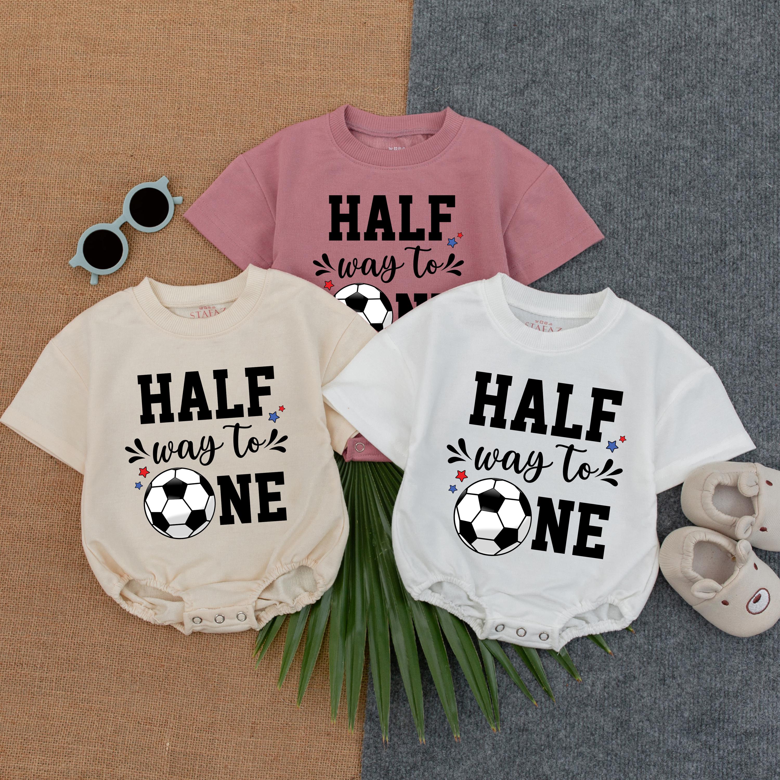 Custom Halfway to One Soccer Romper Baby Birthday Outfit Jesse 1/2 Celebration Soft Cotton Playful Design Red Blue Stars Infant Gift