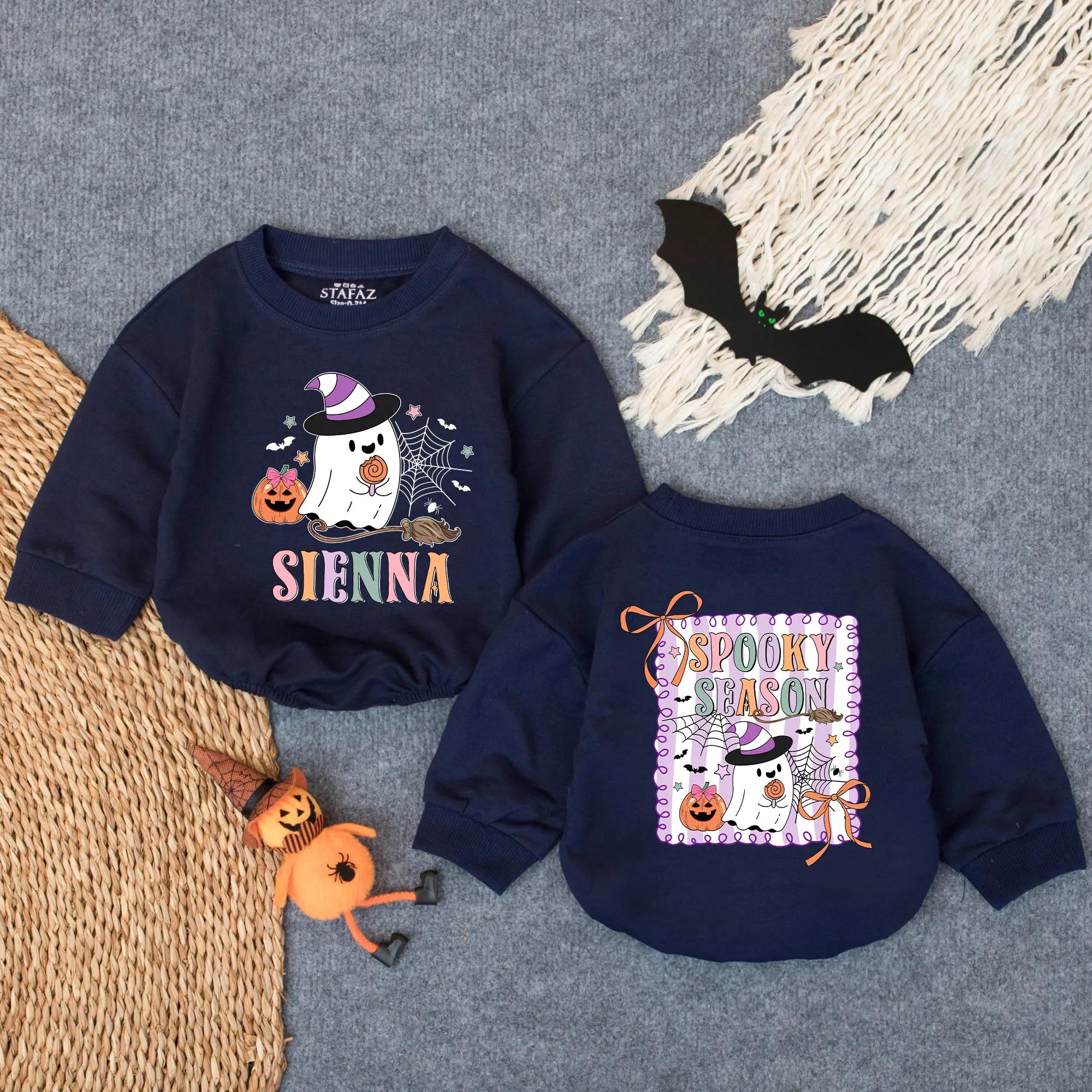 Custom Halloween Baby Romper with Ghost and Pumpkin Design Personalized Fall Infant Outfit for Spooky Season Fun and Joyful Moments