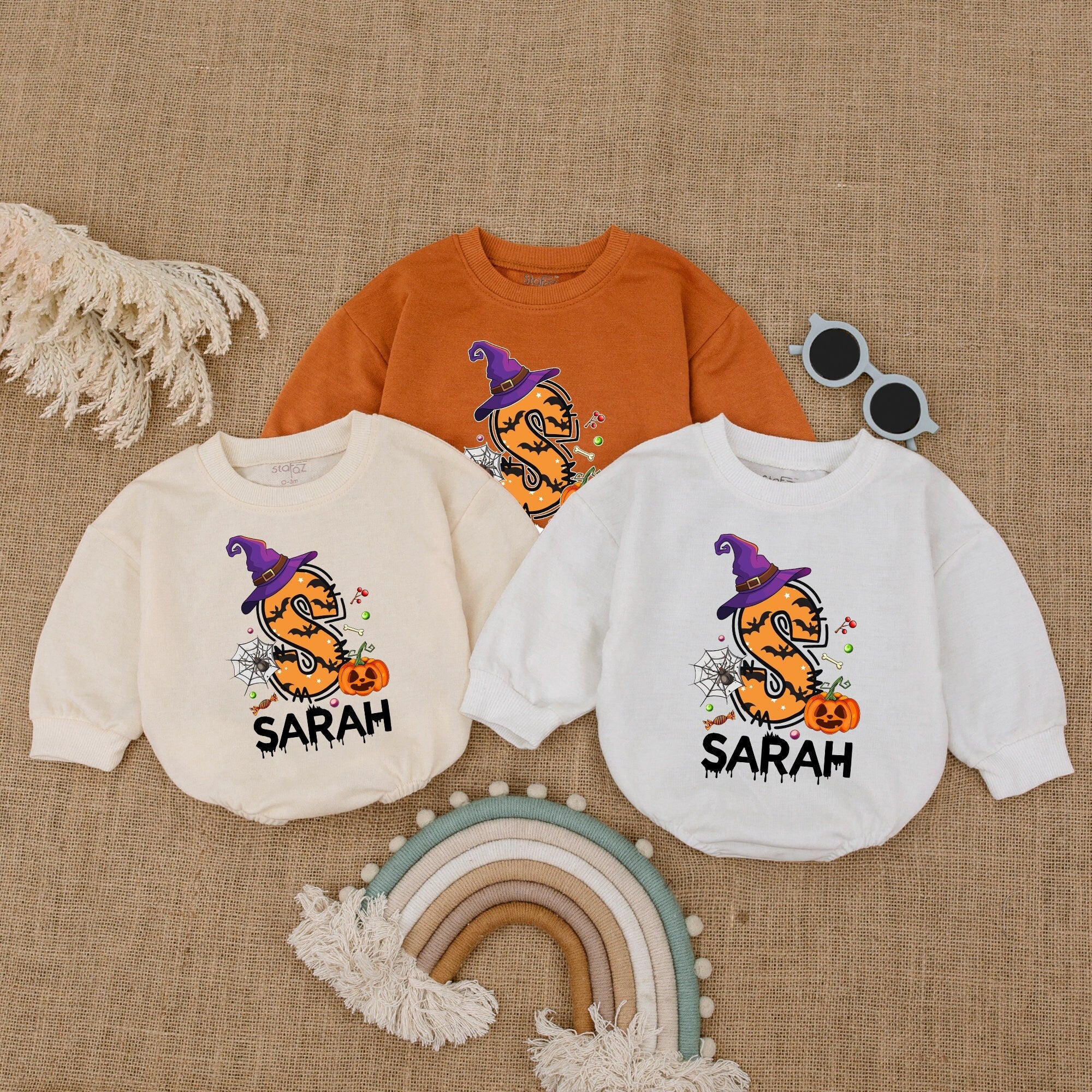 Custom Halloween Baby Romper with Witch Hat and Pumpkin Design Personalized Name Outfit for Boys First Fall Holiday Party