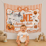 Custom Halloween Baby Silk Banner and Romper Set with Ghost and Pumpkin Design for 1st Birthday Party or Photo Shoot