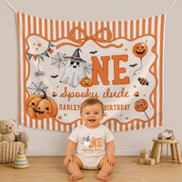 Custom Halloween Baby Silk Banner and Romper Set with Ghost and Pumpkin Design for 1st Birthday Party or Photo Shoot