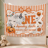 Custom Halloween Baby Silk Banner and Romper Set with Ghost and Pumpkin Design for 1st Birthday Party or Photo Shoot