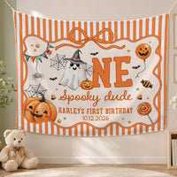 Custom Halloween Baby Silk Banner and Romper Set with Ghost and Pumpkin Design for 1st Birthday Party or Photo Shoot