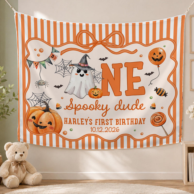 Custom Halloween Baby Silk Banner and Romper Set with Ghost and Pumpkin Design for 1st Birthday Party or Photo Shoot