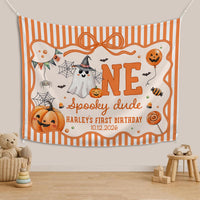 Custom Halloween Baby Silk Banner and Romper Set with Ghost and Pumpkin Design for 1st Birthday Party or Photo Shoot