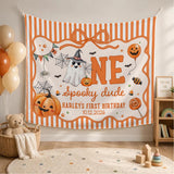 Custom Halloween Baby Silk Banner and Romper Set with Ghost and Pumpkin Design for 1st Birthday Party or Photo Shoot