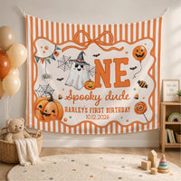 Custom Halloween Baby Silk Banner and Romper Set with Ghost and Pumpkin Design for 1st Birthday Party or Photo Shoot