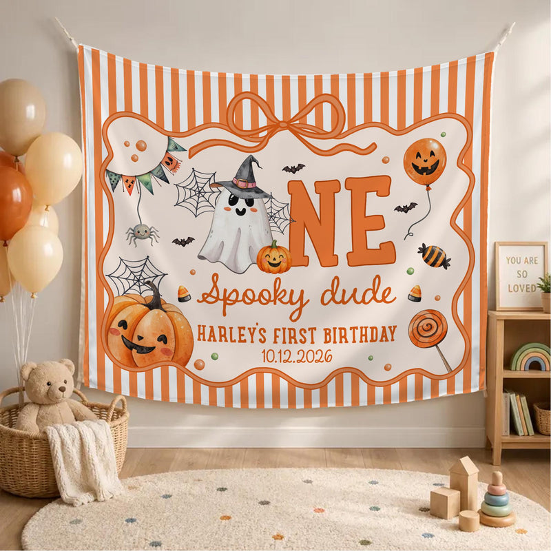 Custom Halloween Baby Silk Banner and Romper Set with Ghost and Pumpkin Design for 1st Birthday Party or Photo Shoot