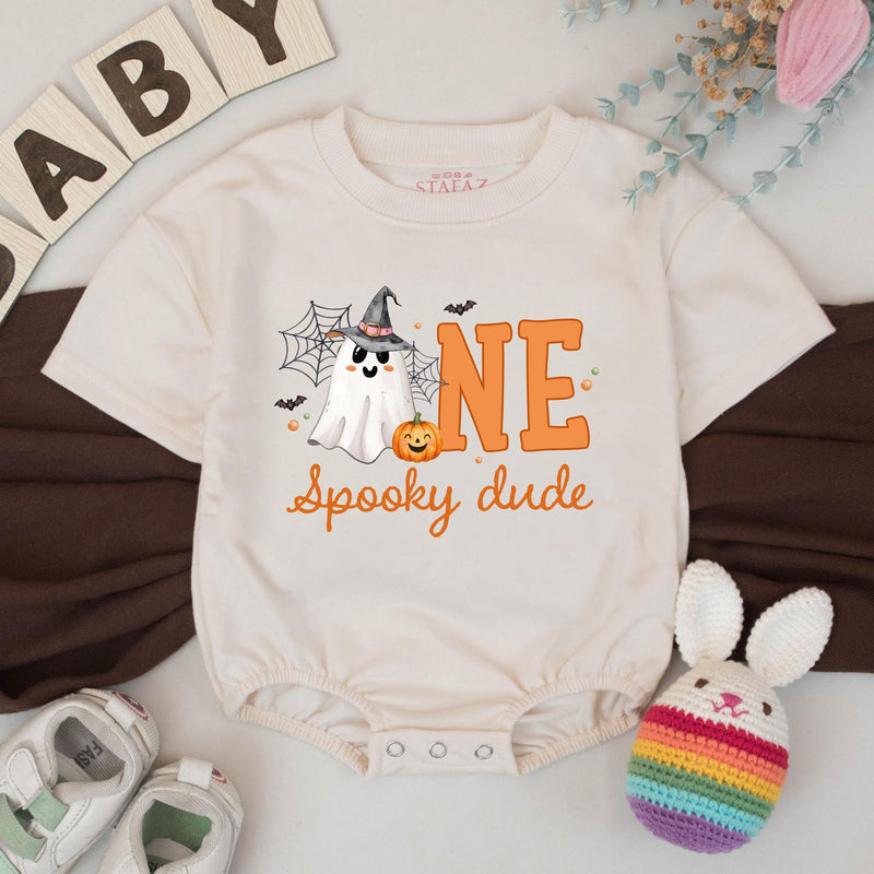 Custom Halloween Baby Silk Banner and Romper Set with Ghost and Pumpkin Design for 1st Birthday Party or Photo Shoot