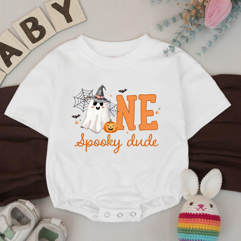 Custom Halloween Baby Silk Banner and Romper Set with Ghost and Pumpkin Design for 1st Birthday Party or Photo Shoot
