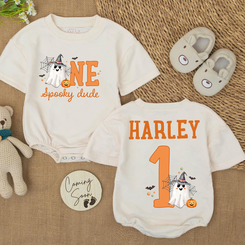 Custom Halloween Baby Silk Banner and Romper Set with Ghost and Pumpkin Design for 1st Birthday Party or Photo Shoot