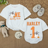 Custom Halloween Baby Silk Banner and Romper Set with Ghost and Pumpkin Design for 1st Birthday Party or Photo Shoot