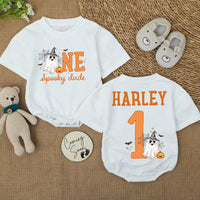 Custom Halloween Baby Silk Banner and Romper Set with Ghost and Pumpkin Design for 1st Birthday Party or Photo Shoot