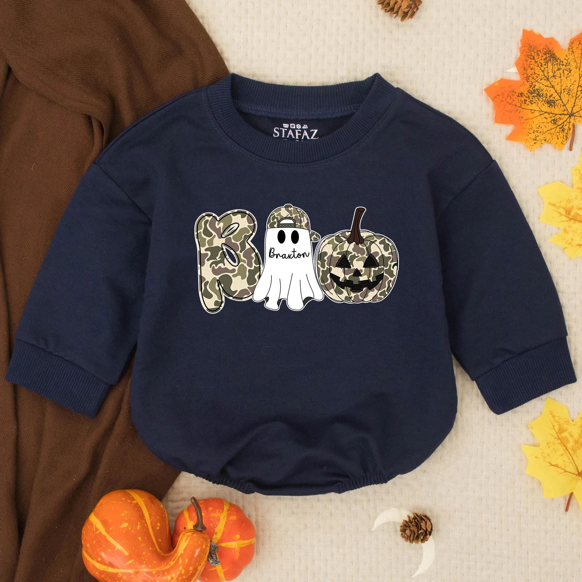 Custom Halloween Boo Romper for Baby Boy with Name Ghost Pumpkin Design Soft Camo Outfit Toddler Party Gift
