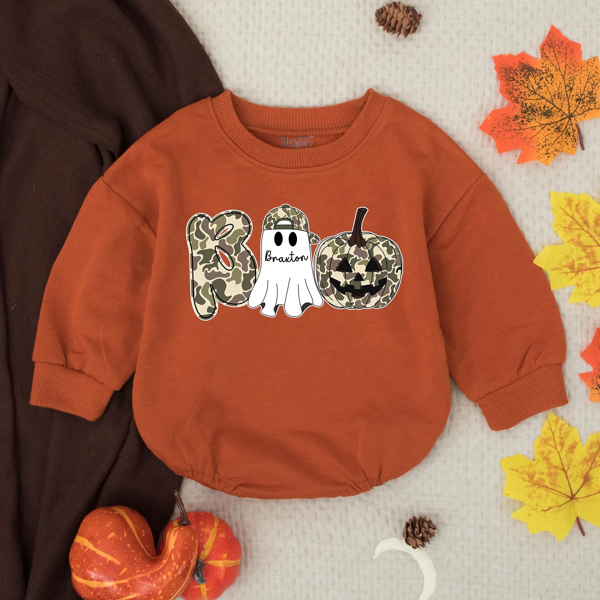 Custom Halloween Boo Romper for Baby Boy with Name Ghost Pumpkin Design Soft Camo Outfit Toddler Party Gift