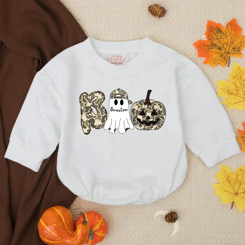 Custom Halloween Boo Romper for Baby Boy with Name Ghost Pumpkin Design Soft Camo Outfit Toddler Party Gift