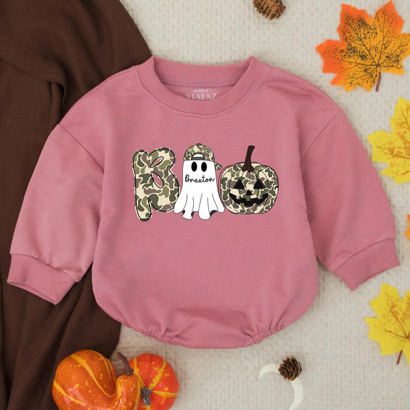 Custom Halloween Boo Romper for Baby Boy with Name Ghost Pumpkin Design Soft Camo Outfit Toddler Party Gift
