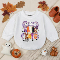 Custom Halloween Bow Baby Romper with Ghost & Spider Web Artwork, Personalized Baby Girl Fall Outfit, Soft Cotton Baby Shower Gift