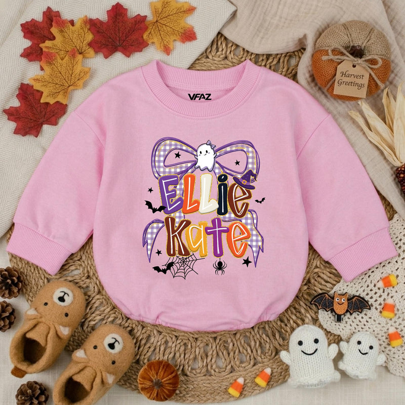 Custom Halloween Bow Baby Romper with Ghost & Spider Web Artwork, Personalized Baby Girl Fall Outfit, Soft Cotton Baby Shower Gift