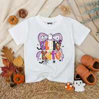Custom Halloween Bow Baby Romper with Ghost & Spider Web Artwork, Personalized Baby Girl Fall Outfit, Soft Cotton Baby Shower Gift