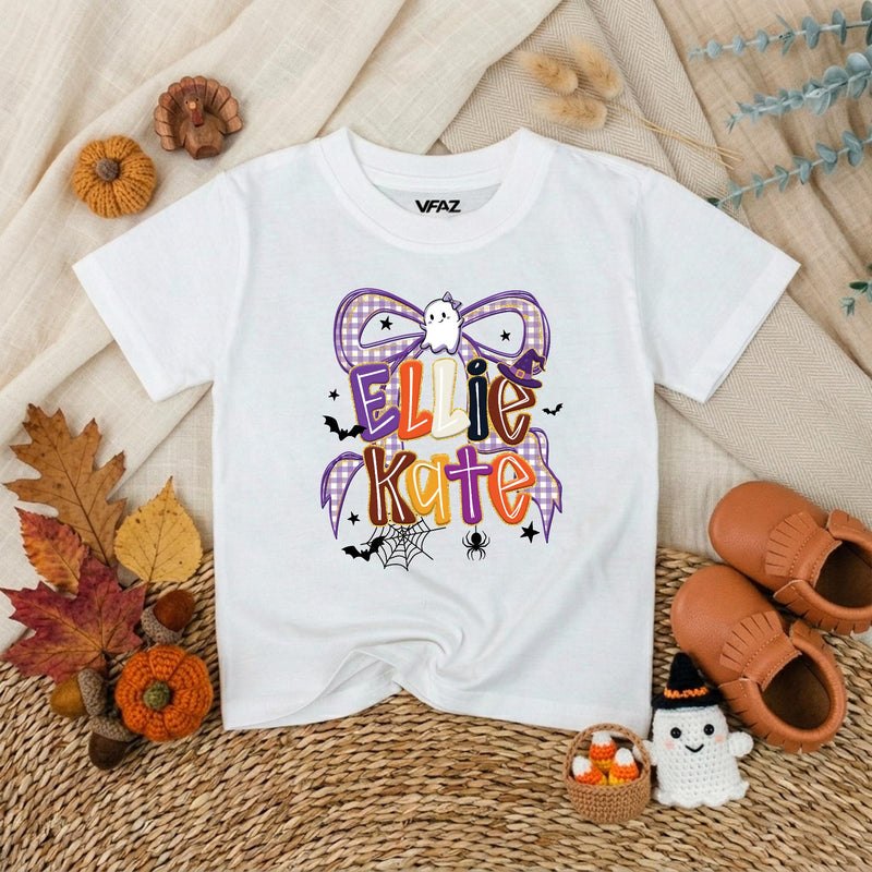 Custom Halloween Bow Baby Romper with Ghost & Spider Web Artwork, Personalized Baby Girl Fall Outfit, Soft Cotton Baby Shower Gift
