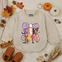 Custom Halloween Bow Baby Romper with Ghost & Spider Web Artwork, Personalized Baby Girl Fall Outfit, Soft Cotton Baby Shower Gift
