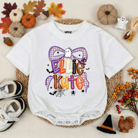 Custom Halloween Bow Baby Romper with Ghost & Spider Web Artwork, Personalized Baby Girl Fall Outfit, Soft Cotton Baby Shower Gift