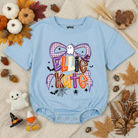 Custom Halloween Bow Baby Romper with Ghost & Spider Web Artwork, Personalized Baby Girl Fall Outfit, Soft Cotton Baby Shower Gift