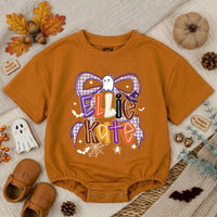 Custom Halloween Bow Baby Romper with Ghost & Spider Web Artwork, Personalized Baby Girl Fall Outfit, Soft Cotton Baby Shower Gift