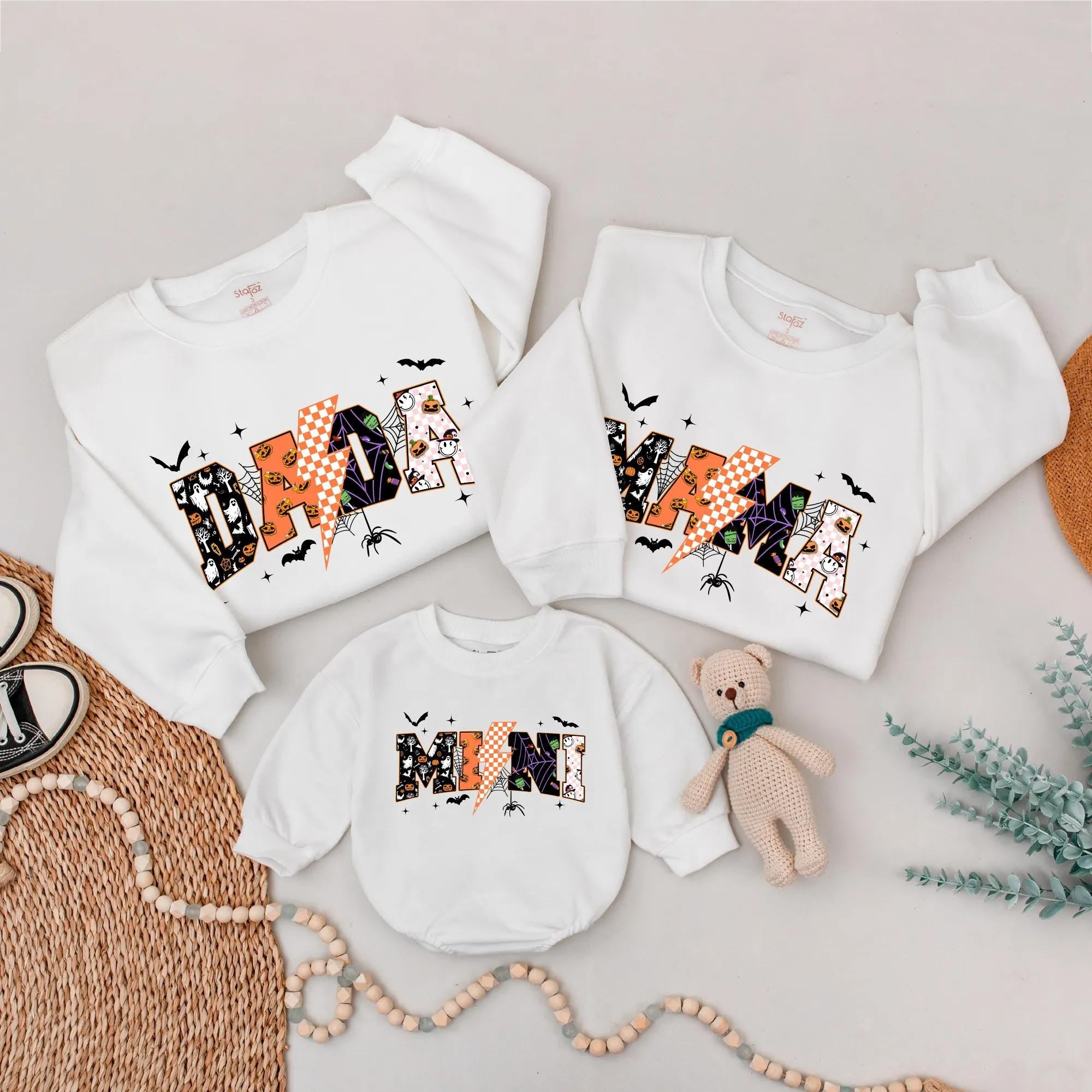 Custom Halloween Family Matching Sweatshirts with DADA MAMA MINI Spooky Design Bat Spider Web Graphics Vintage Style Fall Gift