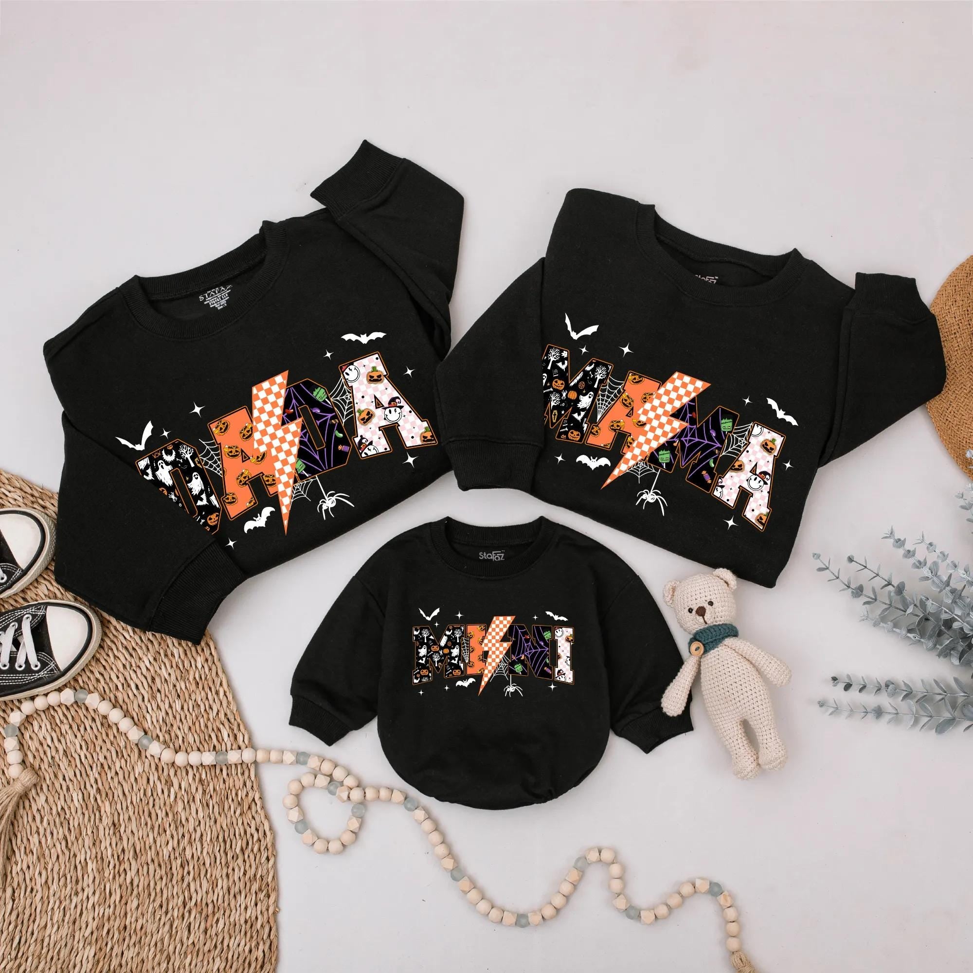 Custom Halloween Family Matching Sweatshirts with DADA MAMA MINI Spooky Design Bat Spider Web Graphics Vintage Style Fall Gift