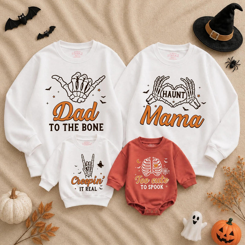 Custom Halloween Family Matching Sweatshirts with Skeleton Hands, Baby Bodysuit, Soft Cotton Fall Outfits for Mom, Dad, Kids, and Infants