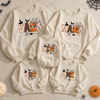 Custom Halloween Family Sweatshirt Set with Spider Web & Bat Art | Matching Personalized Outfits for Baby, Kids, Mom & Dad, NB-2XL