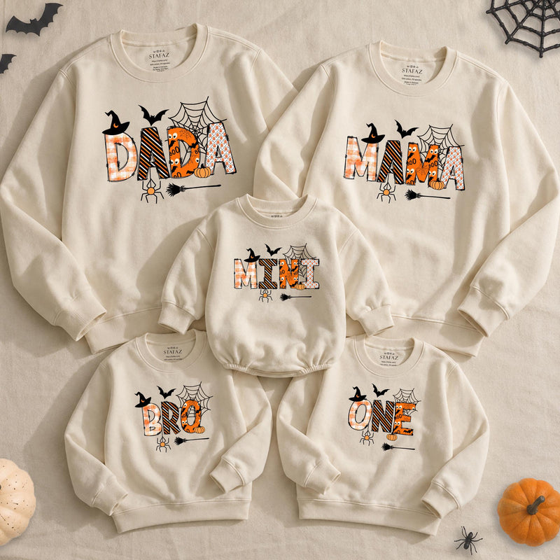 Custom Halloween Family Sweatshirt Set with Spider Web & Bat Art | Matching Personalized Outfits for Baby, Kids, Mom & Dad, NB-2XL