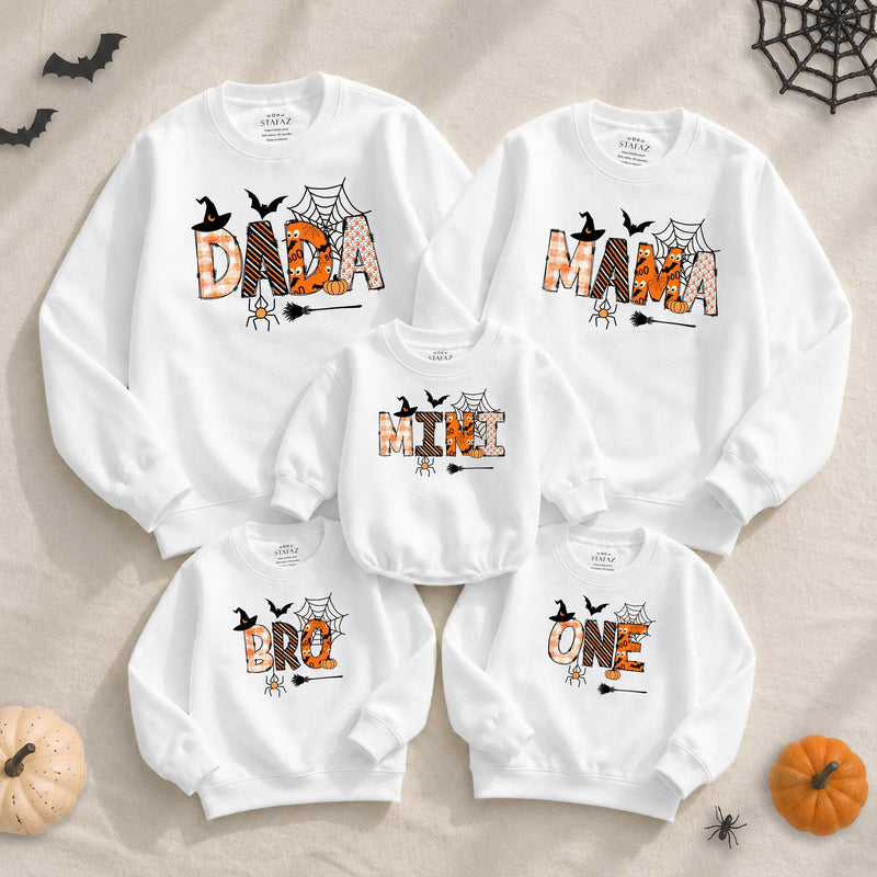 Custom Halloween Family Sweatshirt Set with Spider Web & Bat Art | Matching Personalized Outfits for Baby, Kids, Mom & Dad, NB-2XL