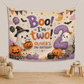 Custom Halloween Ghost Birthday Silk Banner for Toddler's 2nd Birthday Party, Boo I'm Two Design with Pumpkins, Bats, and Personalized Name