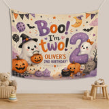 Custom Halloween Ghost Birthday Silk Banner for Toddler's 2nd Birthday Party, Boo I'm Two Design with Pumpkins, Bats, and Personalized Name
