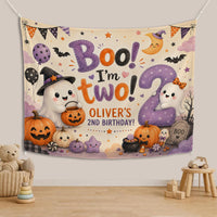 Custom Halloween Ghost Birthday Silk Banner for Toddler's 2nd Birthday Party, Boo I'm Two Design with Pumpkins, Bats, and Personalized Name