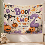 Custom Halloween Ghost Birthday Silk Banner for Toddler's 2nd Birthday Party, Boo I'm Two Design with Pumpkins, Bats, and Personalized Name